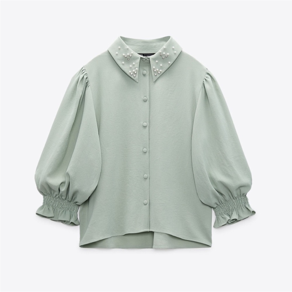 Zara jewel-studded collar puffy-sleeved buttoned front top NWT 💎